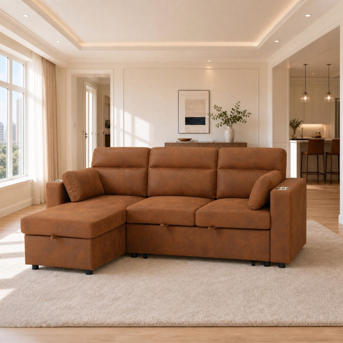 Convertible L - Shaped Sectional Sofa Bed With Storage Chaise, Cup Holders