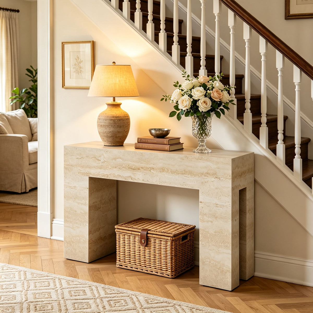 Beige console table with open center, stone-look finish and side cutout legs