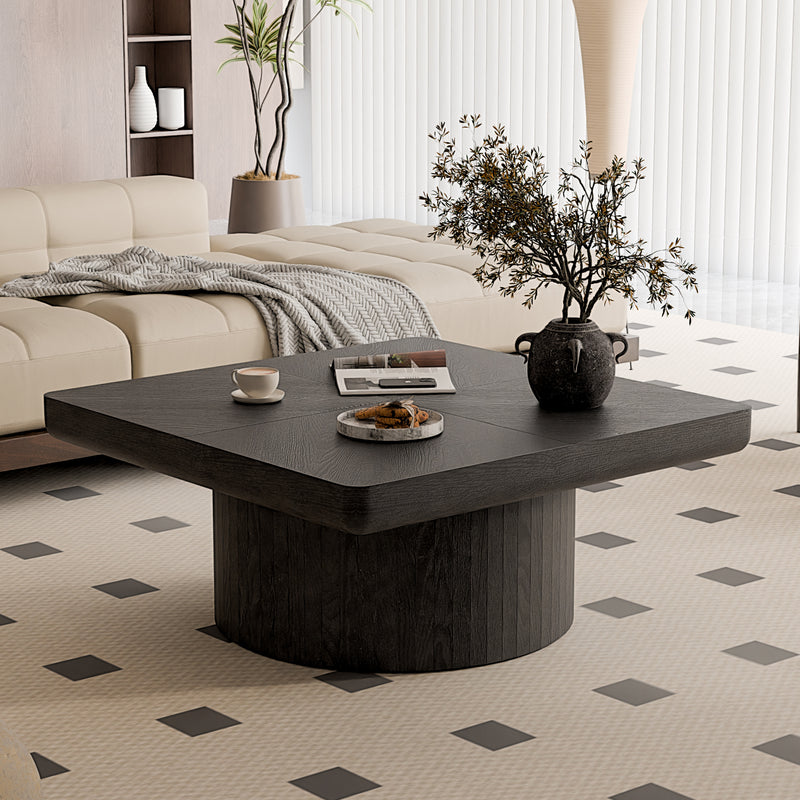 Coffee Table Wood Veneer Cylindrical Base Black 34.6-inch