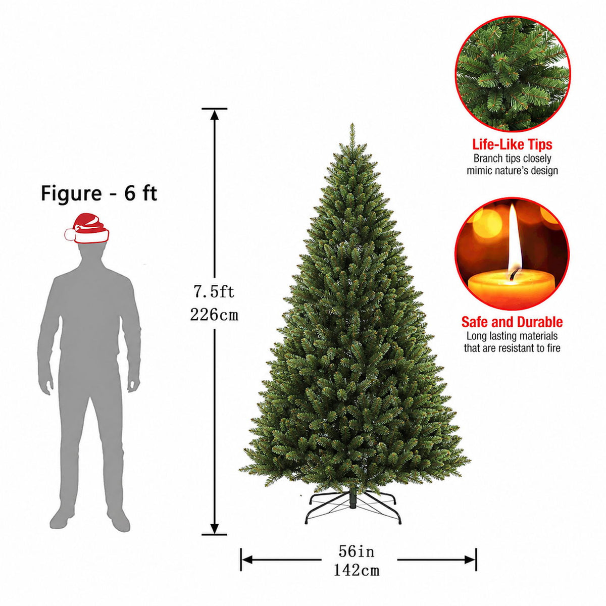 Dark green artificial Christmas tree product diagram, full shape on metal stand
