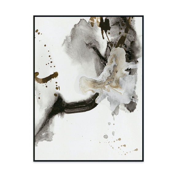 Framed abstract wall art with gray, cream, and gold splatter on white background