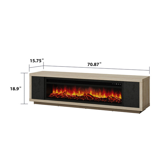 Beige & black fireplace TV stand dimensions 70.87" x 18.9" x 15.75"