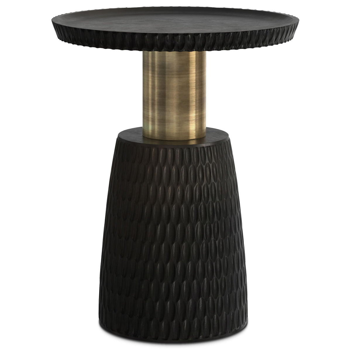 Black round side table with a fluted pedestal base and brushed gold column.