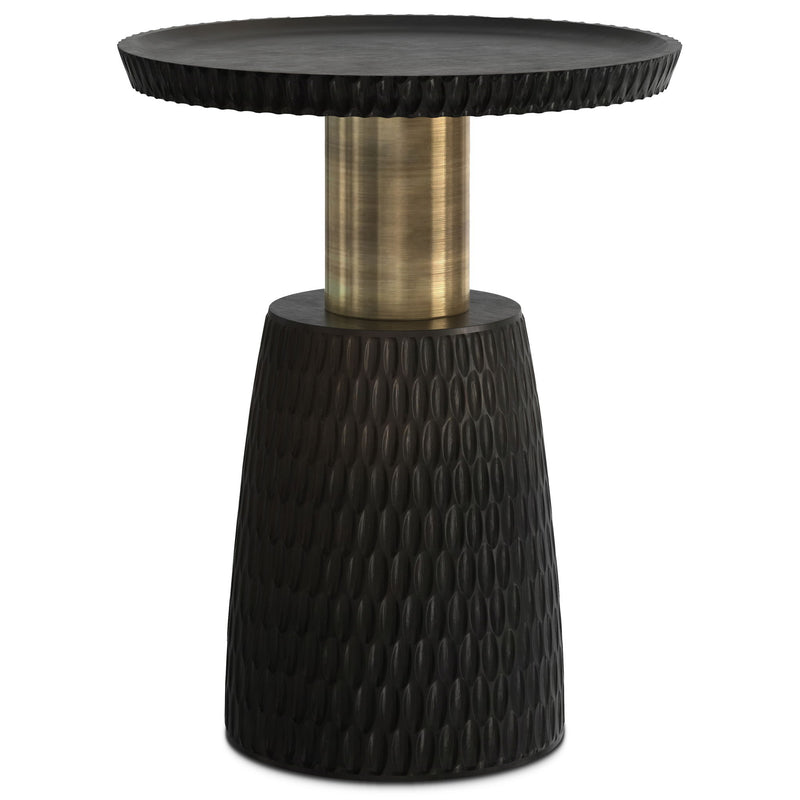 Black round side table with a fluted pedestal base and brushed gold column.