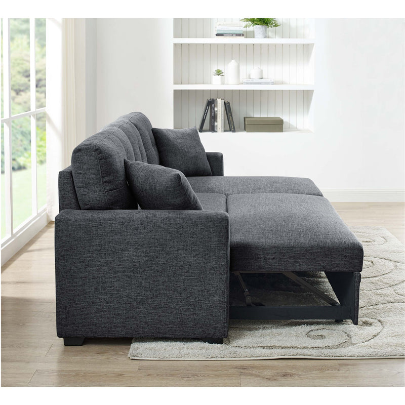 Dark gray sectional with pull-out bed extended and storage compartment under chaise