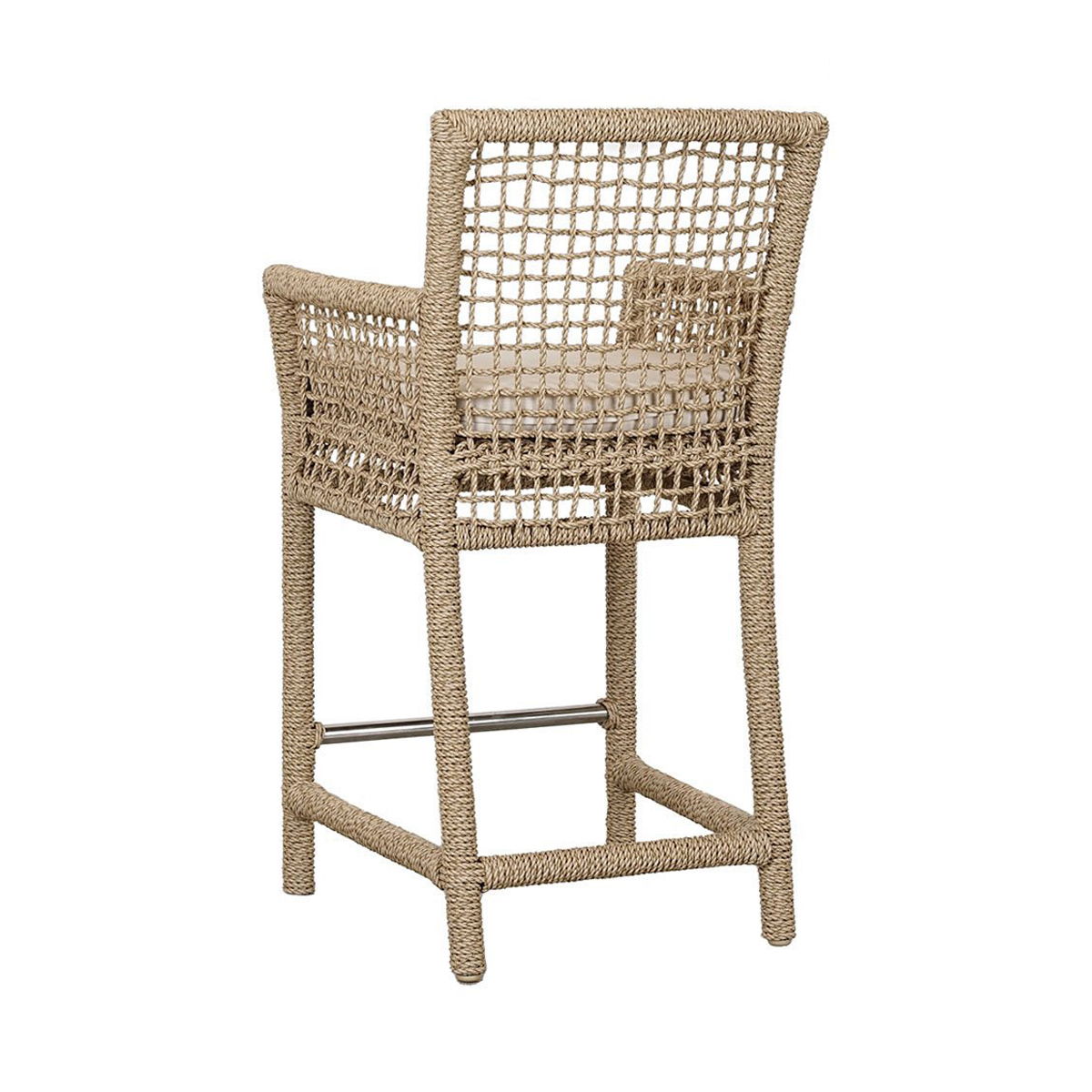 Natural woven bar stool with white cushion seat and slim metal footrest