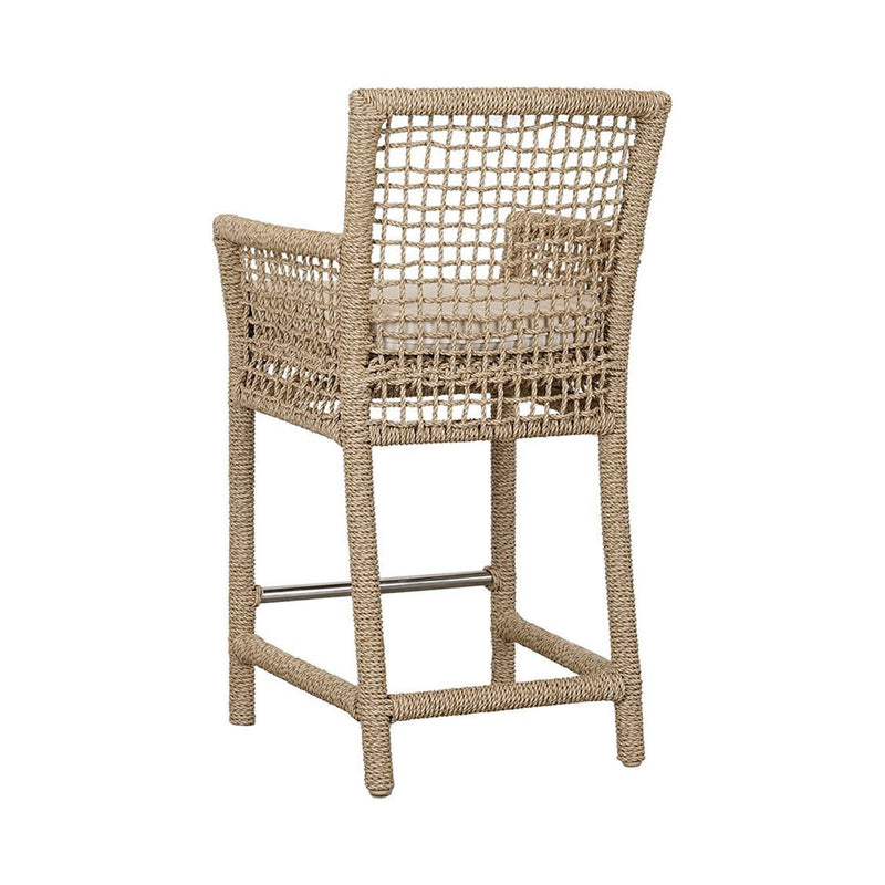 Natural woven bar stool with white cushion seat and slim metal footrest