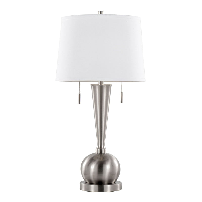 Single nickel table lamp with white shade, slim side rods and round base