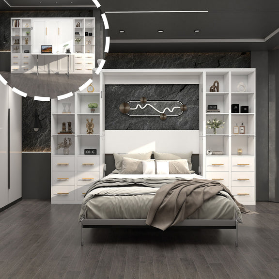 Vertical Murphy wall bed with wall cabinets, white bed frame and storage shelves, unfolded