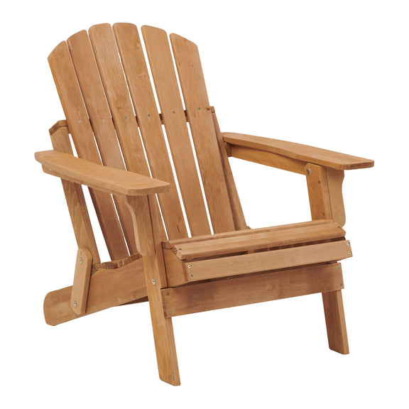 Light brown folding Adirondack chair with slatted back and armrests