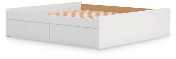 White platform bed with slatted base and two front drawer fronts