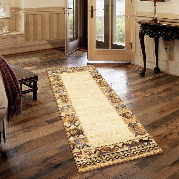 Beige southwest area rug with ornate border and central cream panel