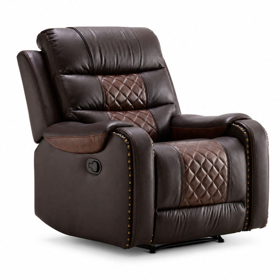 Brown heated massage recliner with quilted back, padded arms, and control panel