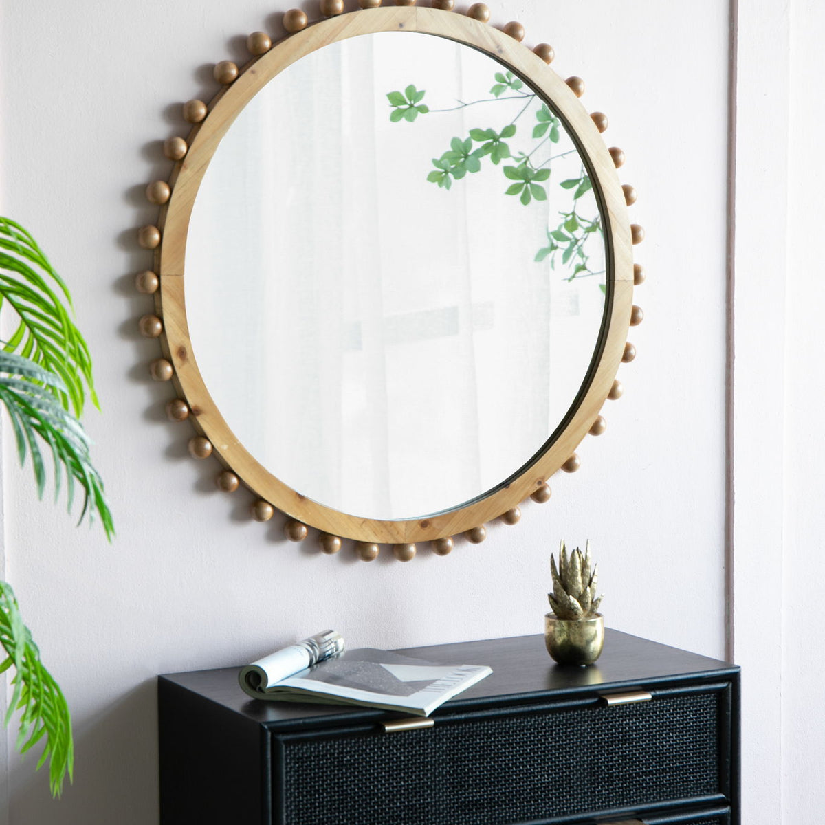 Wood Round Mirror With Beaded Frame, Circle Wall Mirror For Living Room Bedroom Entryway - Brown