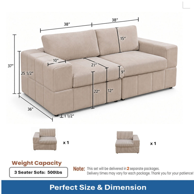 Beige modular loveseat with dimension labels and two separate seat modules