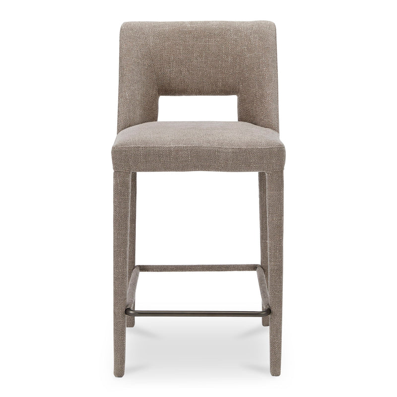 Joyce counter-height upholstered bar stool, light brown fabric, metal footrest