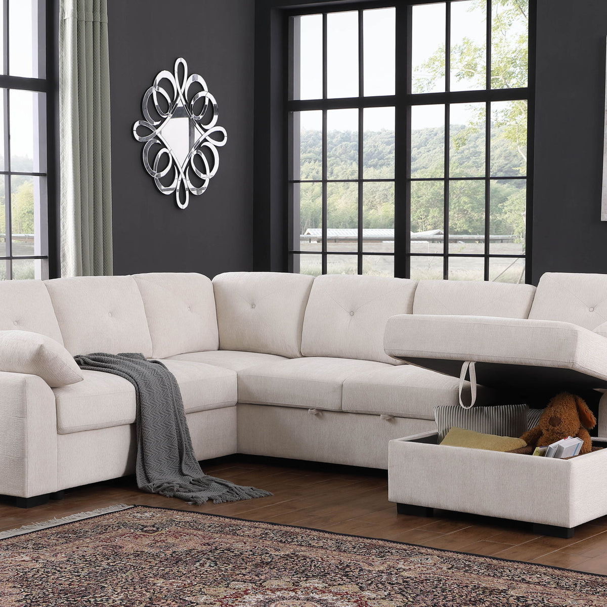 Light gray upholstered corner sectional with chaise storage compartment open