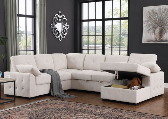Light gray upholstered corner sectional with chaise storage compartment open