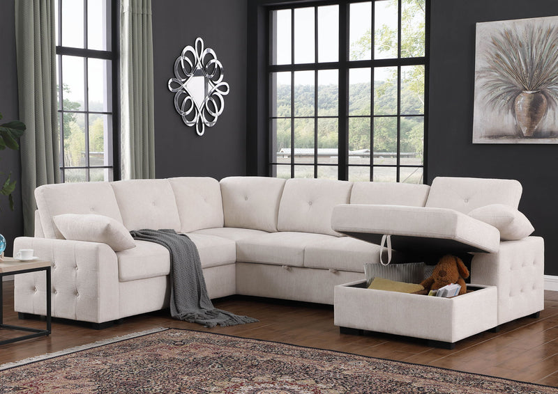 Light gray upholstered corner sectional with chaise storage compartment open