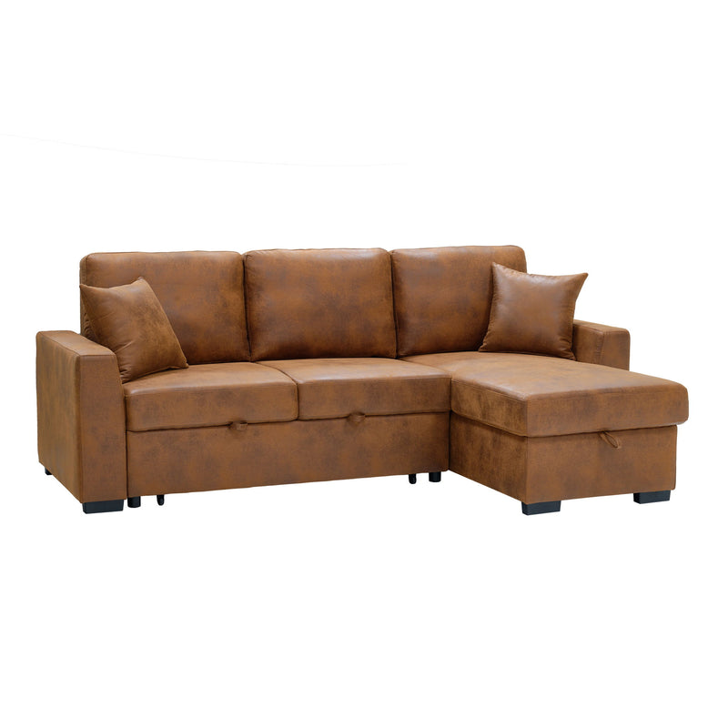 Light brown upholstered sectional with chaise storage and pull-out bed