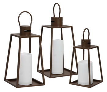 Brown metal lantern set of 3 with glass cylinder holders and handles
