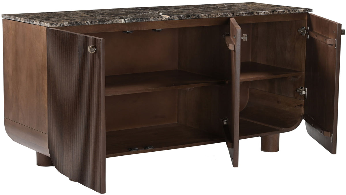 Mango wood sideboard with open doors showing shelving inside