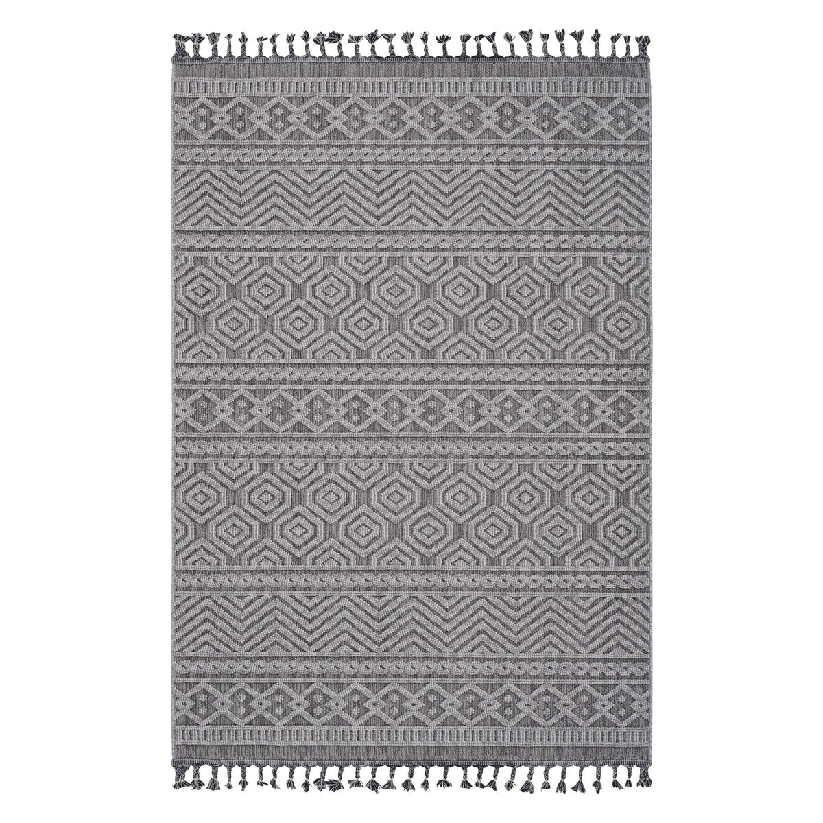 Gray and white geometric area rug with striped border and tassel fringe, 8x10 ft