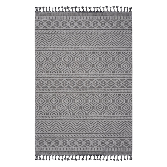 Gray and white geometric area rug with striped border and tassel fringe, 8x10 ft