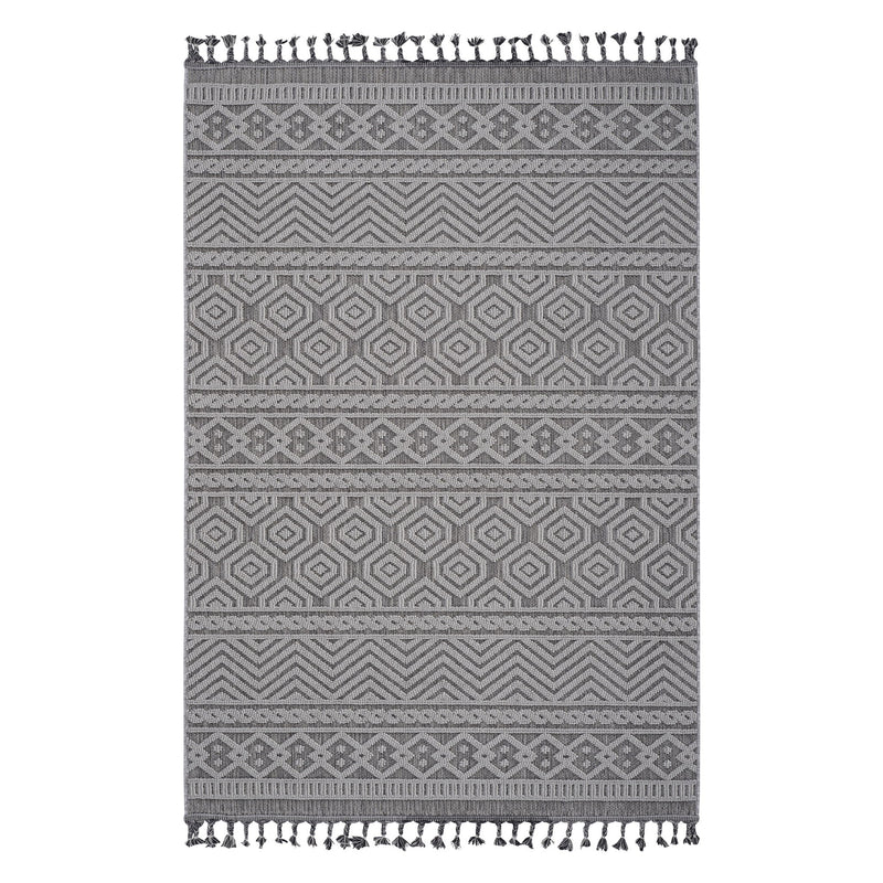 Gray and white geometric area rug with striped border and tassel fringe, 8x10 ft