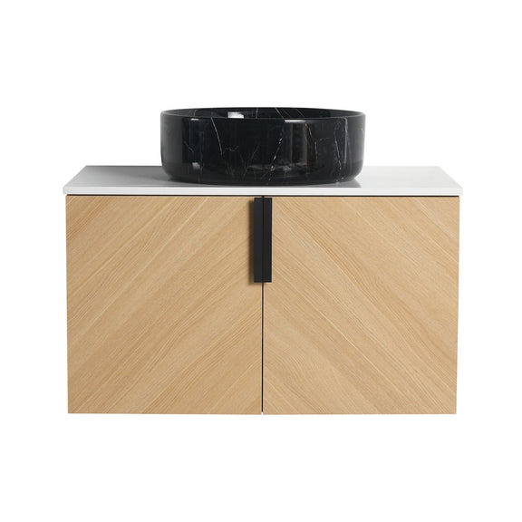 Wall-mounted bathroom vanity with light wood cabinet, white countertop, and black vessel sink