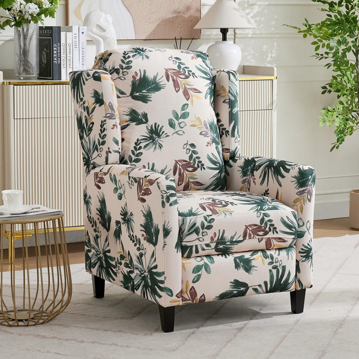 Green floral push-back recliner chair with cushioned backrest and arms
