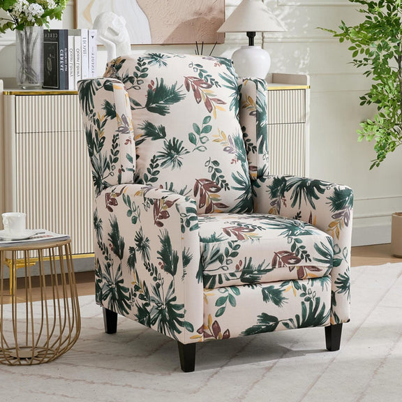 Green floral push-back recliner chair with cushioned backrest and arms