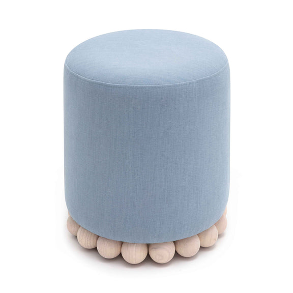 Light blue upholstered fabric ottoman with rounded wooden ball base