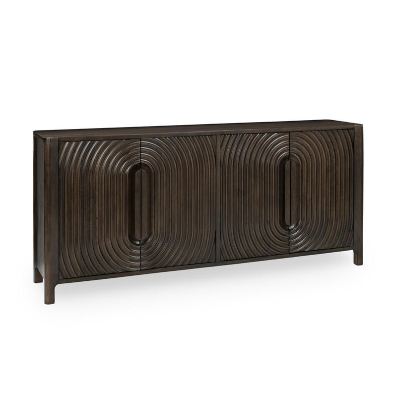 Dark brown mango wood cabinet with two arched swirl doors and vertical carved lines