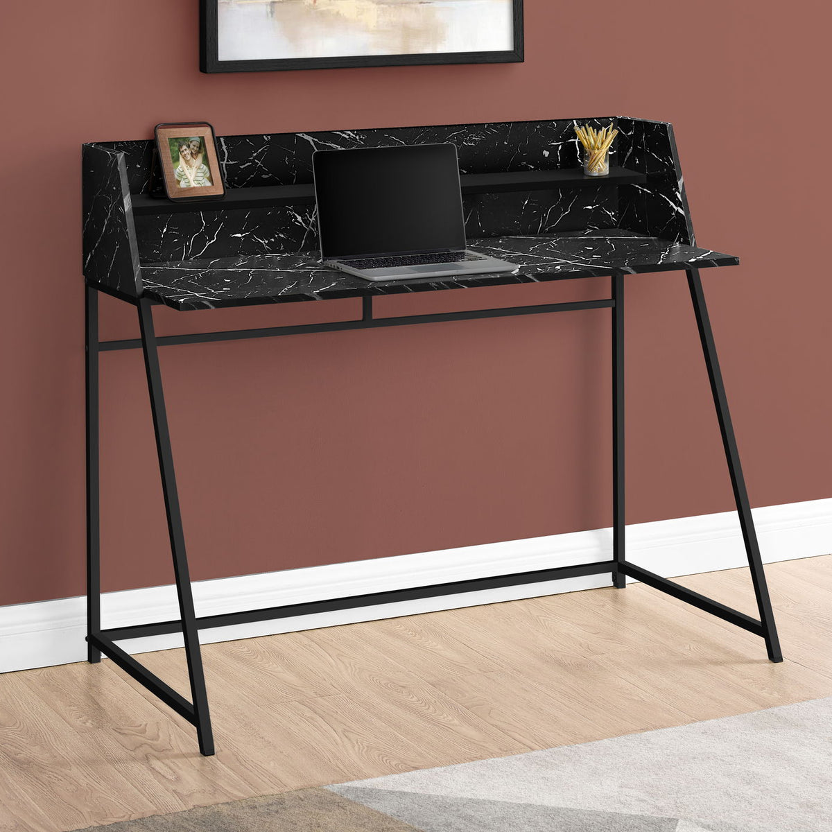 Computer Desk For Home Office, Laptop, Storage Shelves, Marble Look Contemporary & Modern