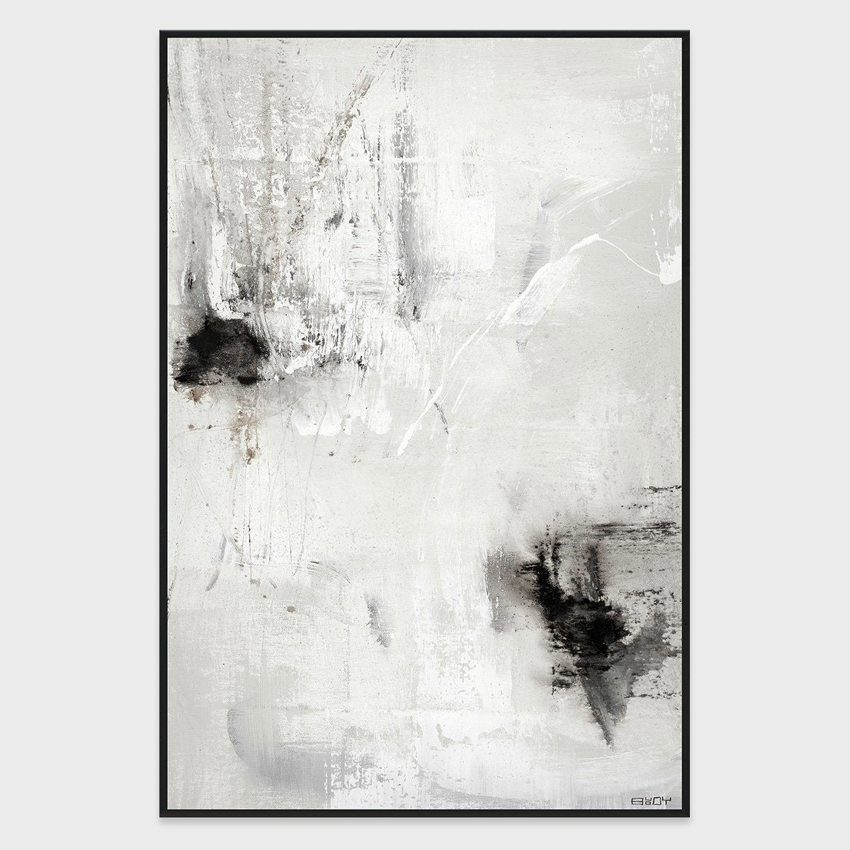 Framed abstract white canvas art with gray texture and black ink splashes