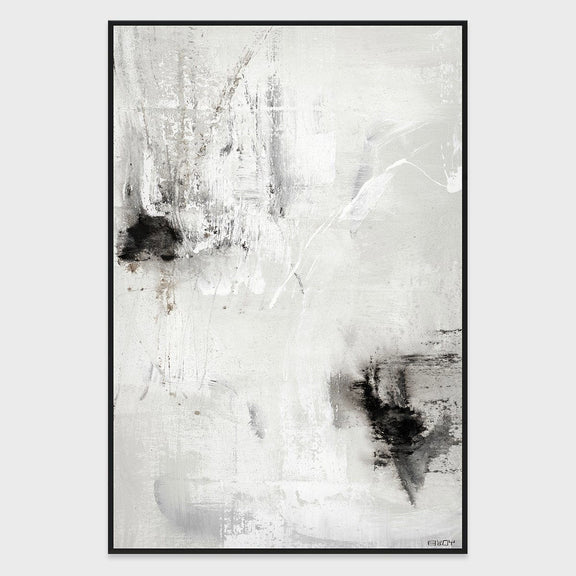 Framed abstract white canvas art with gray texture and black ink splashes