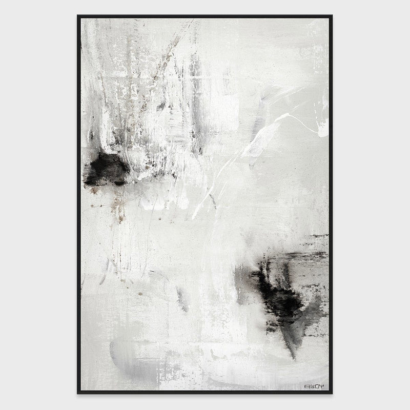 Framed abstract white canvas art with gray texture and black ink splashes