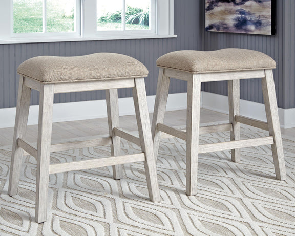 Set of 2 upholstered bar stools with light beige seats and weathered gray legs