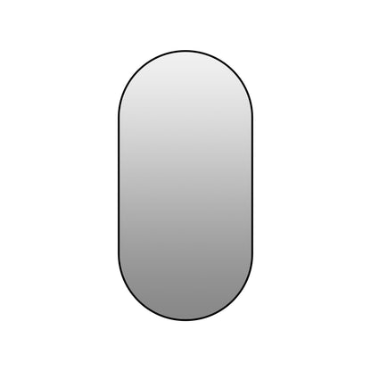 Black-framed oval bathroom mirror with tall rounded corners and silver reflection