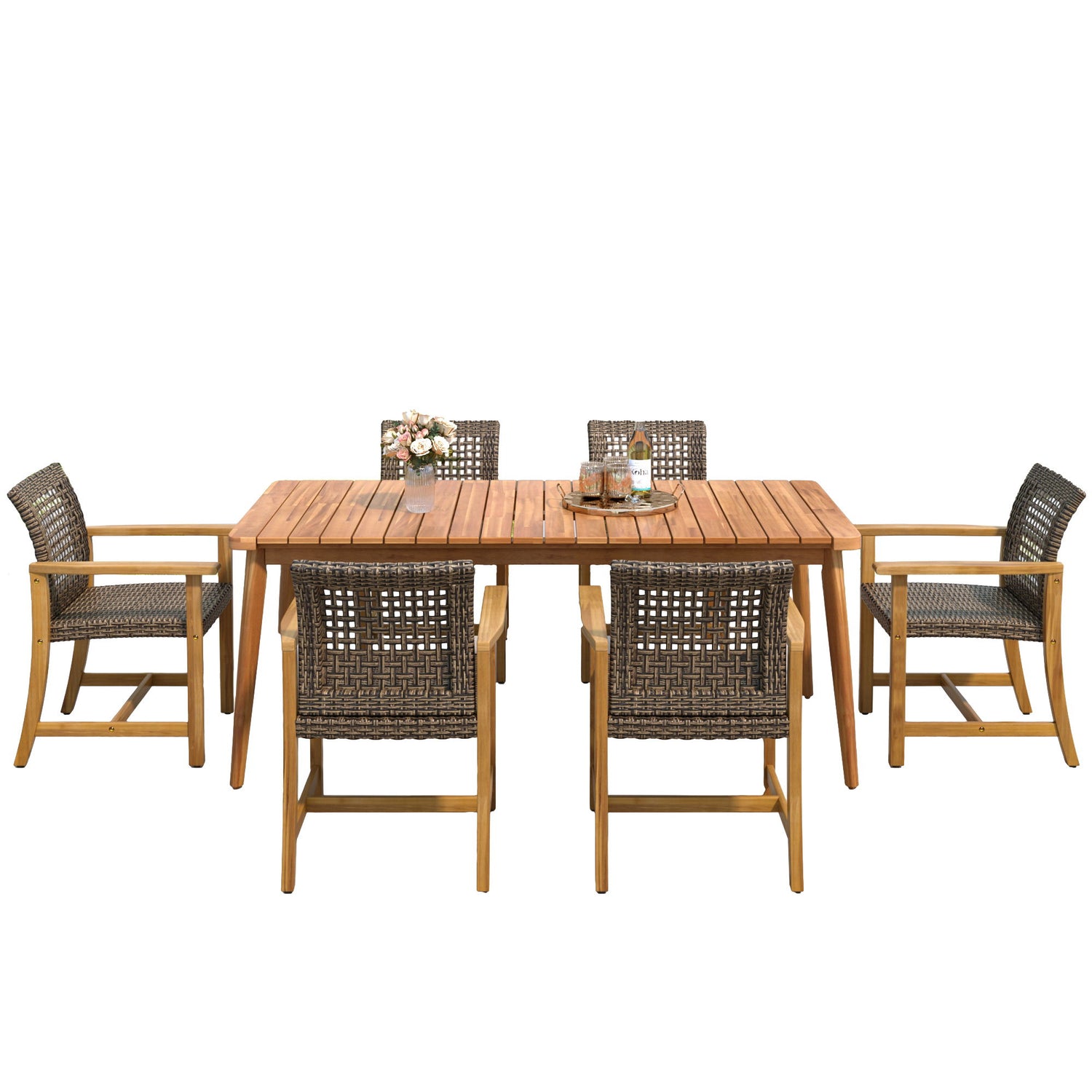 7 Piece Patio Dining Set, Slatted Table & 6 Chairs For Patio Garden - Mocha / Teak