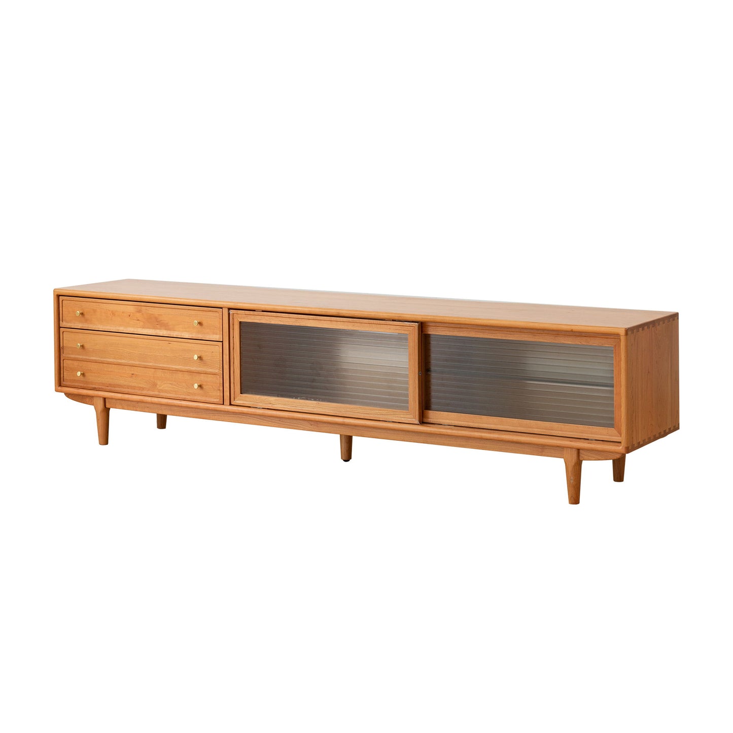 TV Cabinet With Chinese Changhong Glass Doors, Two Drawer Storage Space TV Standing - Cherry