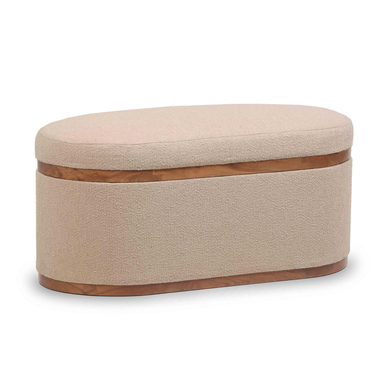 Olivier boucle oval storage ottoman, beige fabric with hinged top and wooden base