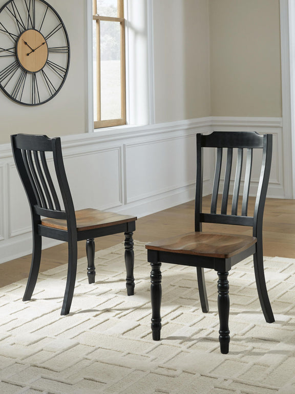 Set of 2 black dining side chairs with vertical slat backs and brown seats