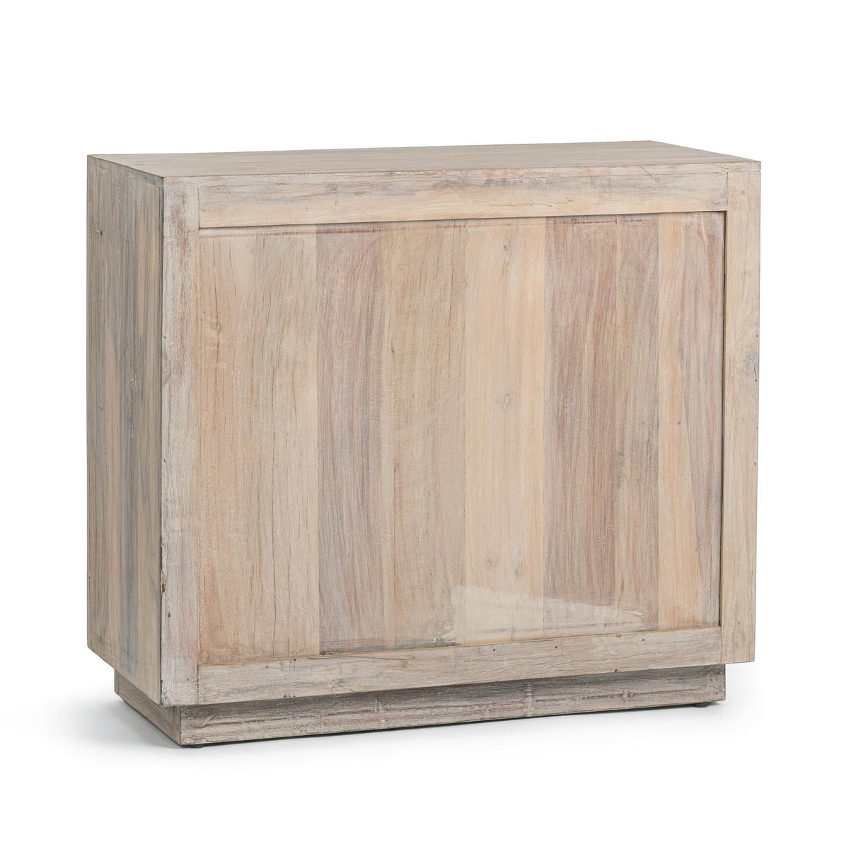 Two-door carved panel sideboard in butterwood blend wood, side panel view.