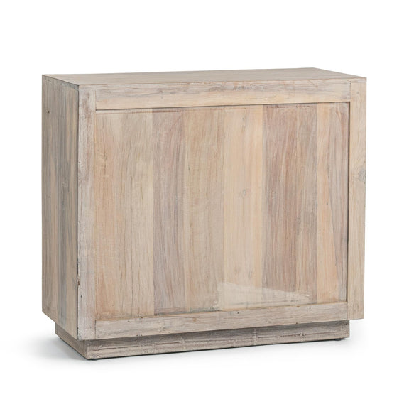 Two-door carved panel sideboard in butterwood blend wood, side panel view.
