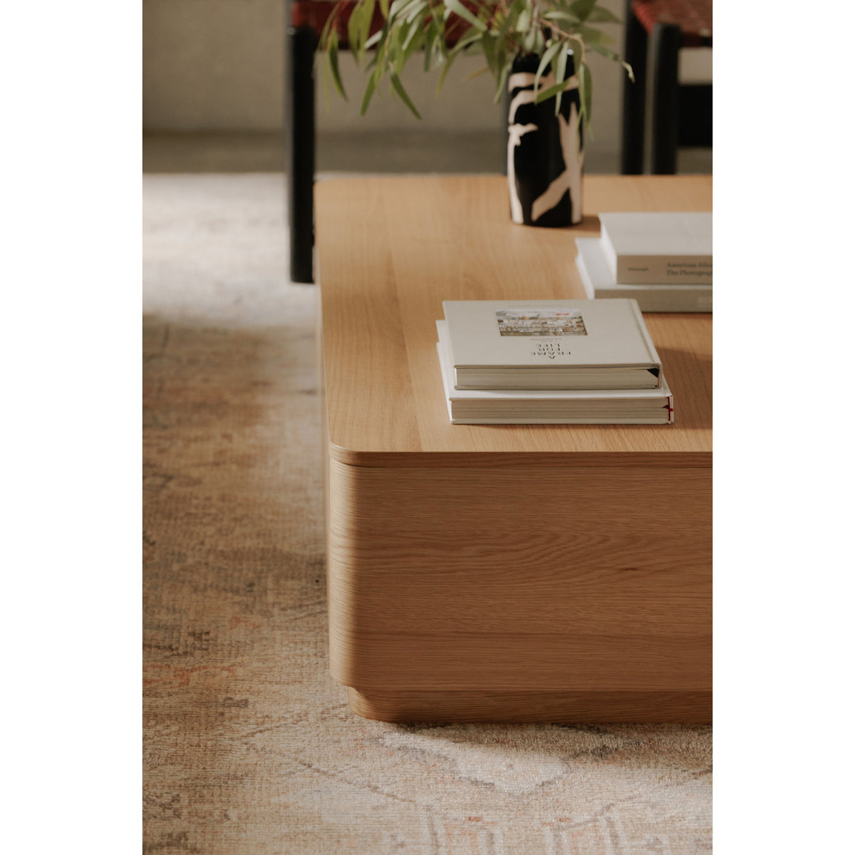 Oak coffee table drawer front with curved edge and side panel