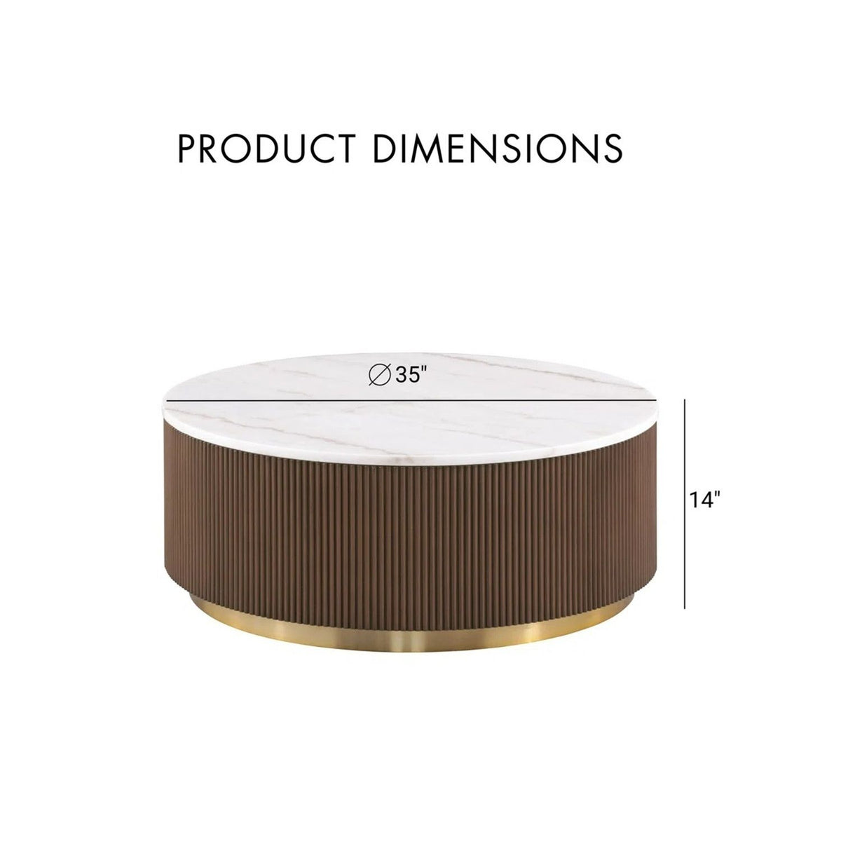 Round end table with white marble top, dark brown ribbed base and gold metal edge