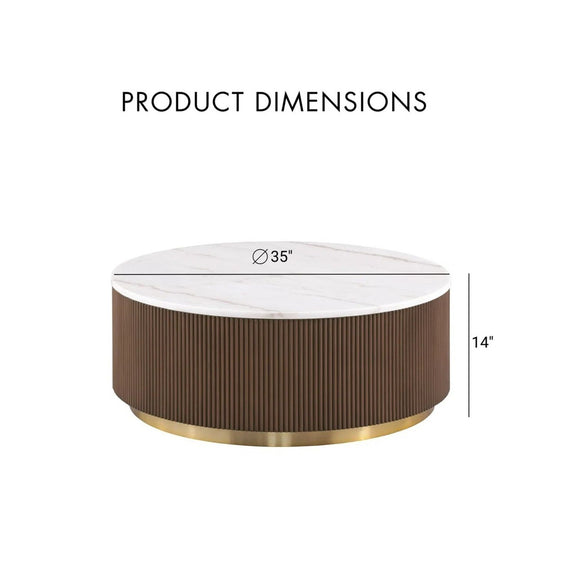 Round end table with white marble top, dark brown ribbed base and gold metal edge