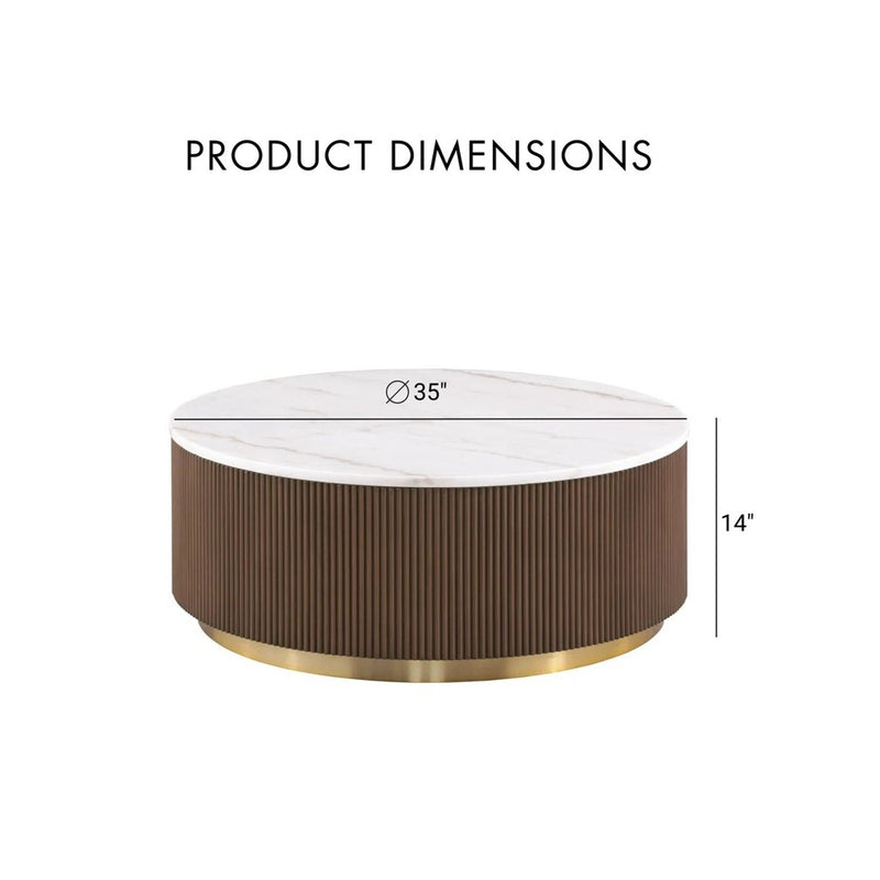 Round end table with white marble top, dark brown ribbed base and gold metal edge